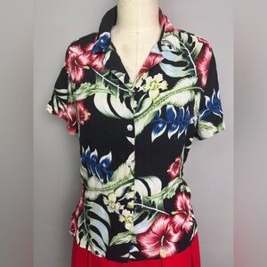 Vintage Silk Black Tropical Floral Button-Down Shirt Medium